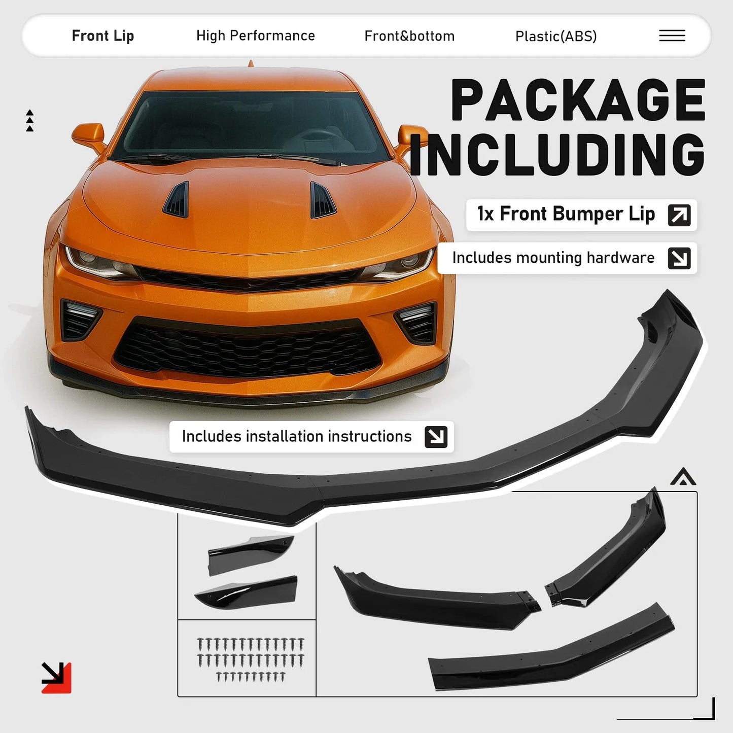 For 16-24 Camaro SS LS LT RS Gloss Blk Front Bumper Lip Splitter Spoiler