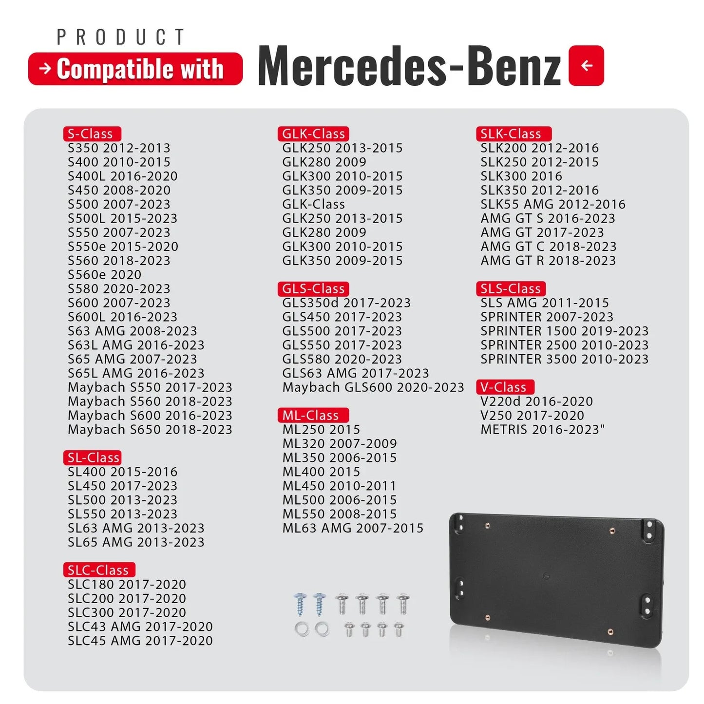Rear License Plate Mounting Bracket For Mercedes-Benz A-Class With Screws