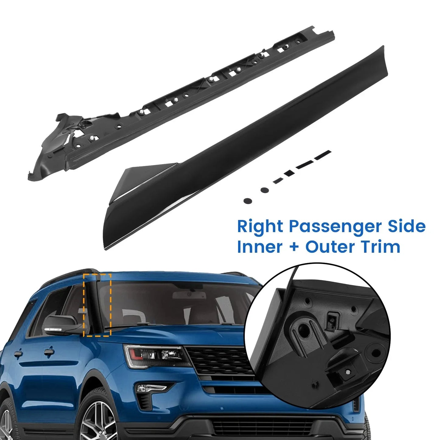 Fit 11-19 Ford Explorer Inner Outer Windshield A-Pillar Molding Trim Right Side