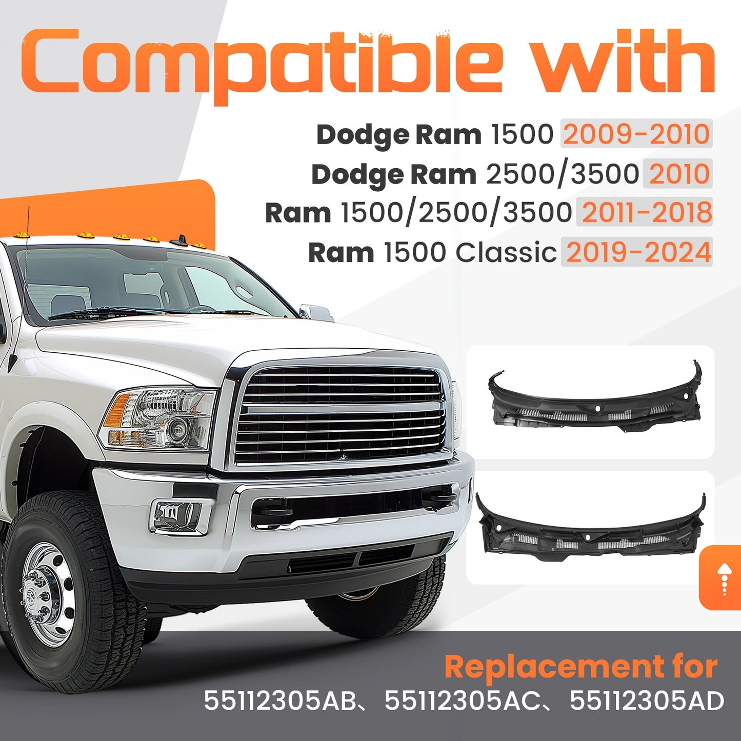 Front Windshield Wiper Cowl Panel For Dodge Ram 1500/2500/3500 2009-2024