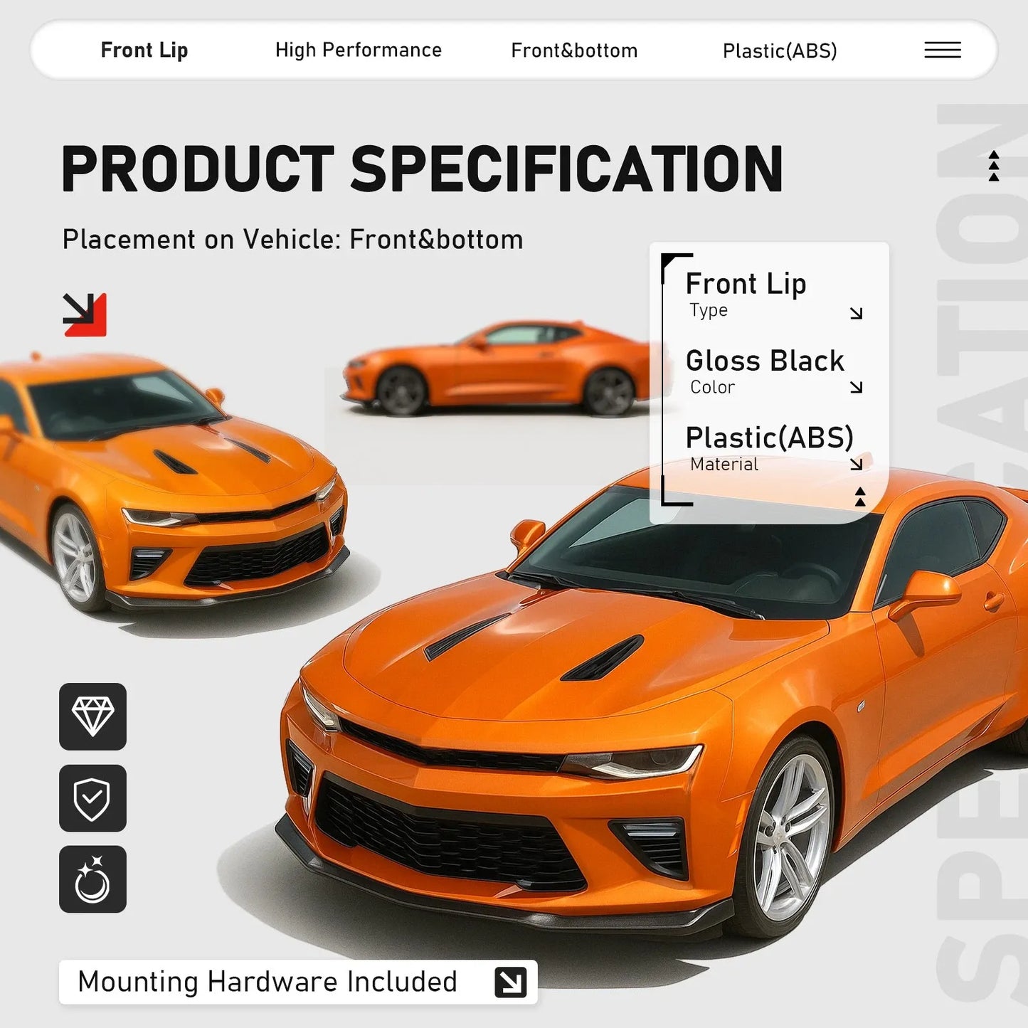 For 16-24 Camaro SS LS LT RS Gloss Blk Front Bumper Lip Splitter Spoiler